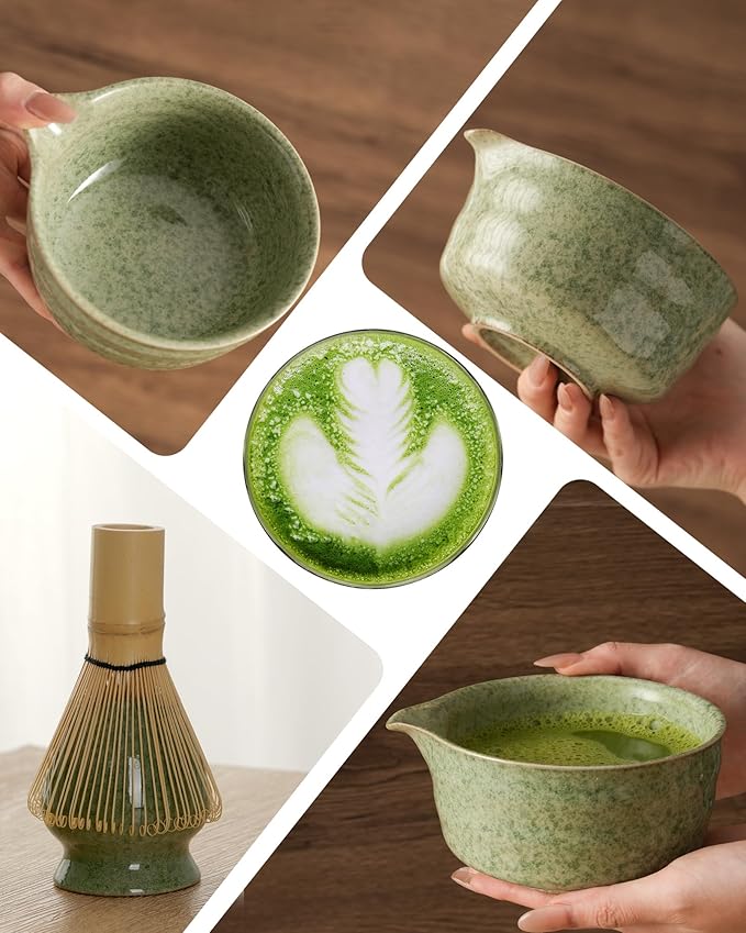Matcha Whisk Set Ceramic Matcha Kit Set Includes Matcha Bowl, Matcha Whisk and Holder, Bamboo Scoop, Scoop Rest, Sifter and Tea Towel - 7 Pcs Matcha Kit for Matcha Lovers (Matcha Green)