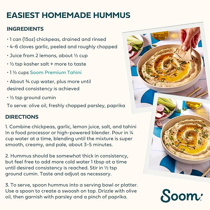 Soom Foods Organic Tahini 16oz (2 Pack) | Roasted & Ground Sesame Seed Paste | Creamy Tahini for Dubai Chocolate, Hummus, Sauces | Vegan, Nut-Free, Gluten-Free, Kosher, Keto, Paleo, Whole30