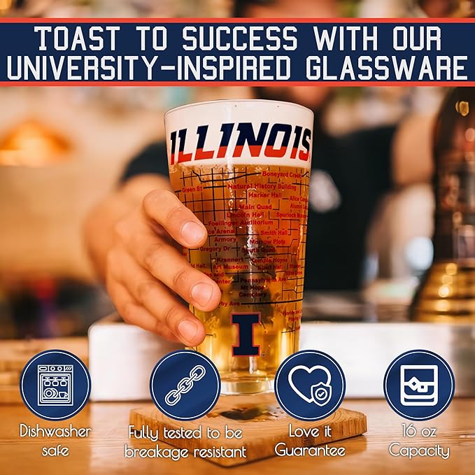Greenline Goods – Illinois College Pint Beer Glasses (Set of 2), 16 oz – Full‑Color Logo + Campus Map