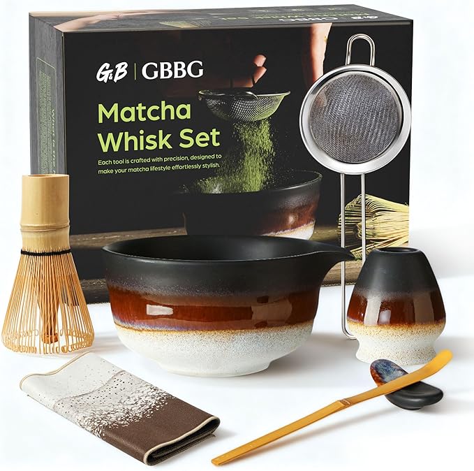 Matcha Whisk Set, Ceramic Matcha Kit Desert Style, Matcha Whisk and Bowl, Bamboo Scoop and Rest, Sifter and Tea Towel, 7 Pcs Gifts for Matcha Lover - Matte Black