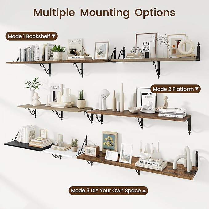 RICHFOCUS 12 Inch Deep Floating Shelves for Wall, 55" W x 12" D Wood Wall Shelves Set of 2, Wide Floating Shelves for Living Room, Bedroom, Kitchen, Bathroom and Decor Storage, Walnut