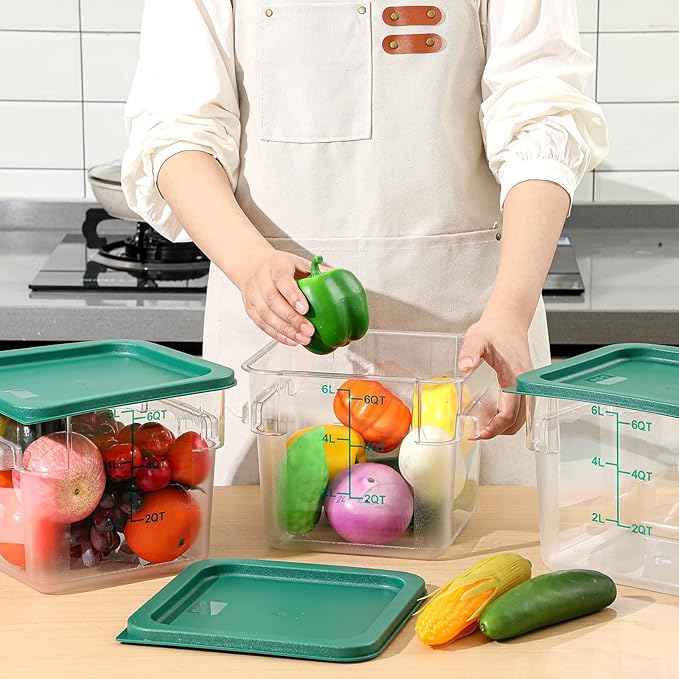 3 Sets 6 Qt Square Food Storage Containers with Lids Dough Proofing Bucket Commercial Polycarbonate Containers with Scale Clear Airtight Cereal for Pantry Home Restaurant (Green)