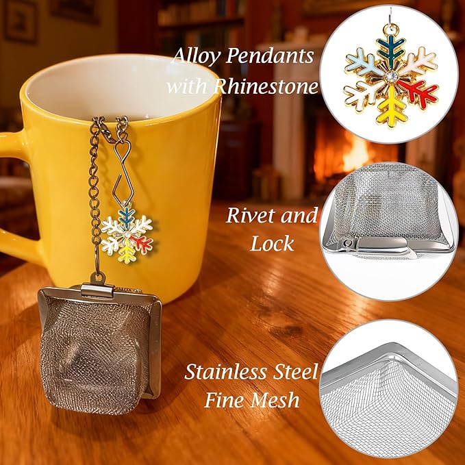 Snowflake Tea Infuser Set, 2 PCS Stainless Steel Tea Balls with Rhinestone Colorful Enamel Gold & Silver Pendant, Reusable Loose Leaf Strainer for Winter & Christmas Gift