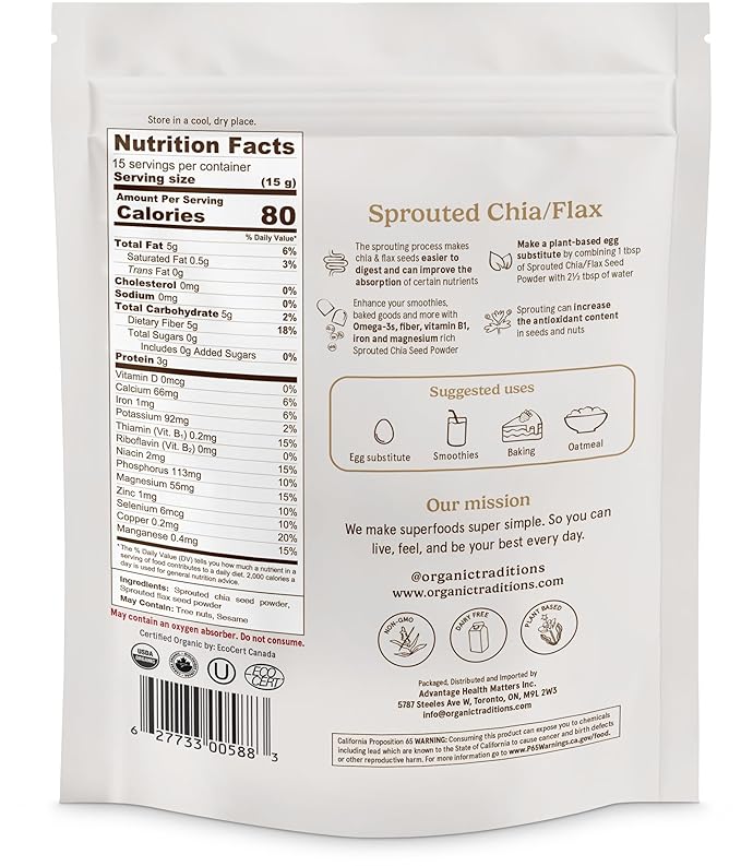 Organic Traditions Sprouted Chia Seeds and Flax Seed Powder, Non-GMO Superfood, 227g/8oz Bag