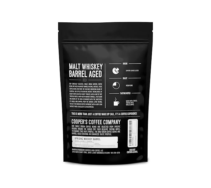 Single-Malt Whiskey Barrel Aged Coffee - Ground - Single Origin Sumatra Coffee Beans Aged in Stout Whiskey Barrels - UPRISING- 5lb Bag