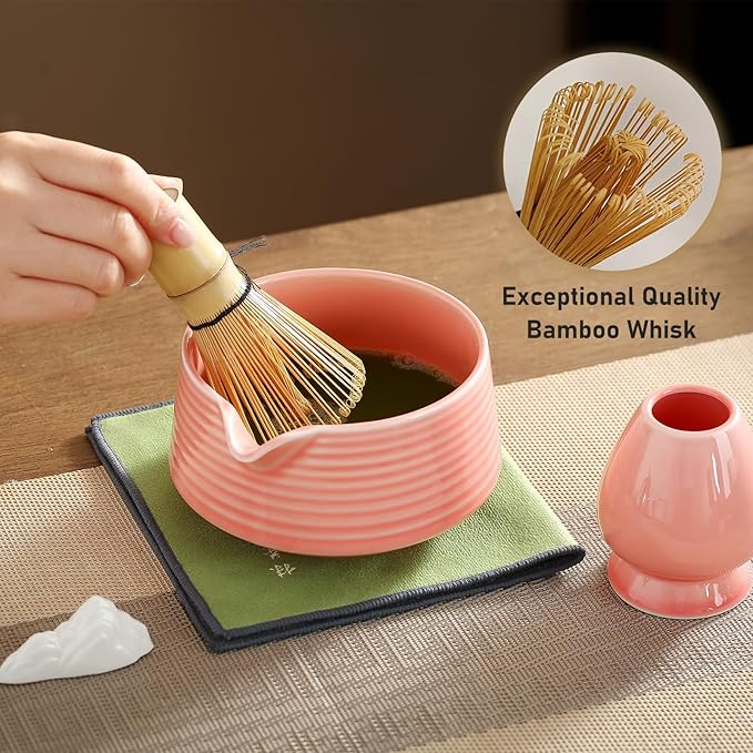 Matcha Whisk Set, Ceramic Matcha Bowl with Spout, Bamboo Whisk, Scoop, Sifter, Holder, Tea Towel, 7-Piece Matcha Kit for Making Breakfast/Latte, Square Pink, Large