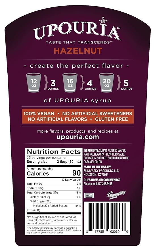 Upouria Hazelnut Flavored Syrup, 100% Vegan and Gluten-Free, 750 mL Bottle - Coffee Syrup Pump Included