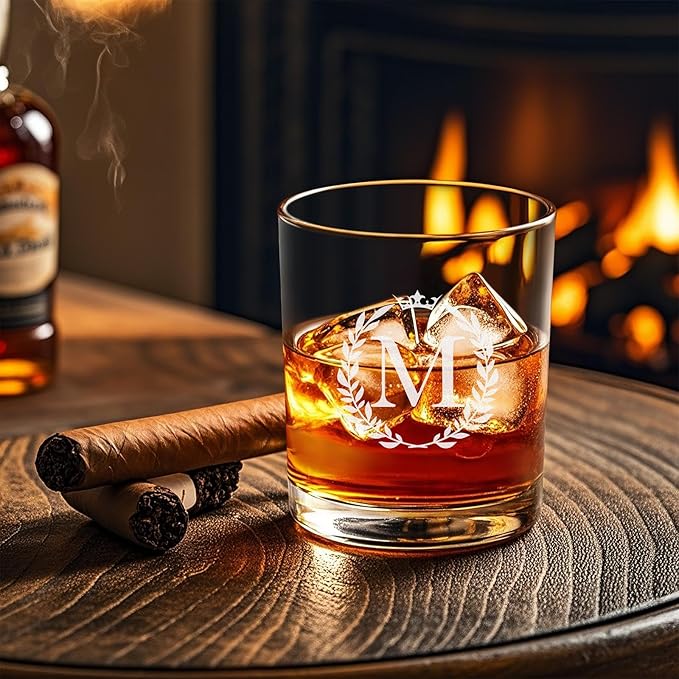 Personalized Whiskey Glasses Gifts for Men, Monogrammed Engraved A-Z 10.6 oz Rocks Glass Customized Gift, Unique Christmas Birthday Gifts for Men Him Dad Husband Brother Son (M)