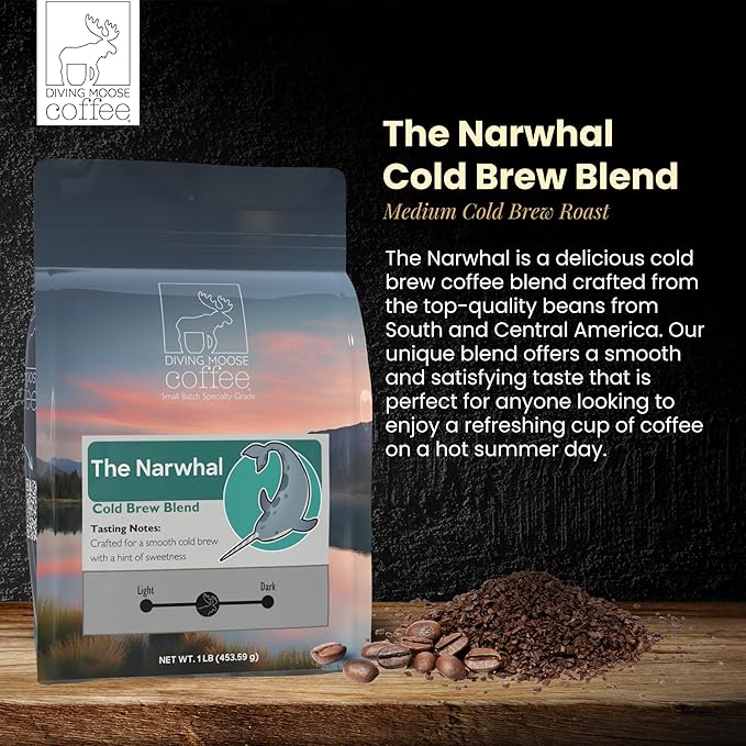 Diving Moose Coffee - The Narwhal Cold Brew Blend Medium Roast (16oz / 1 LB) - Lightly Sweet Specialty Grade Small-Batch Roasted to Order Smooth Not Bitter