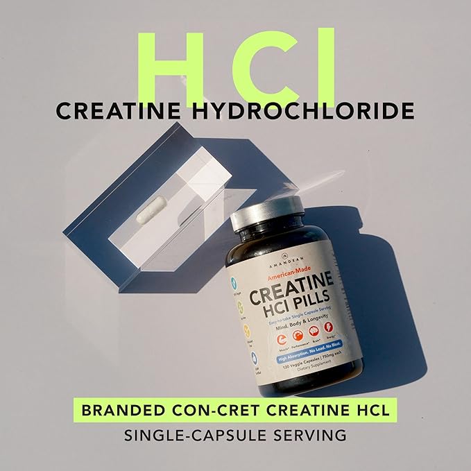 AMANDEAN Creatine HCl Pills. American Made CON-CRET. 120 Capsules. 7X Concentrated vs Monohydrate Powder. No Bloat. Muscle, Energy, Cognitive, Recovery Support for Men & Women. Gluten Free, Non-GMO.