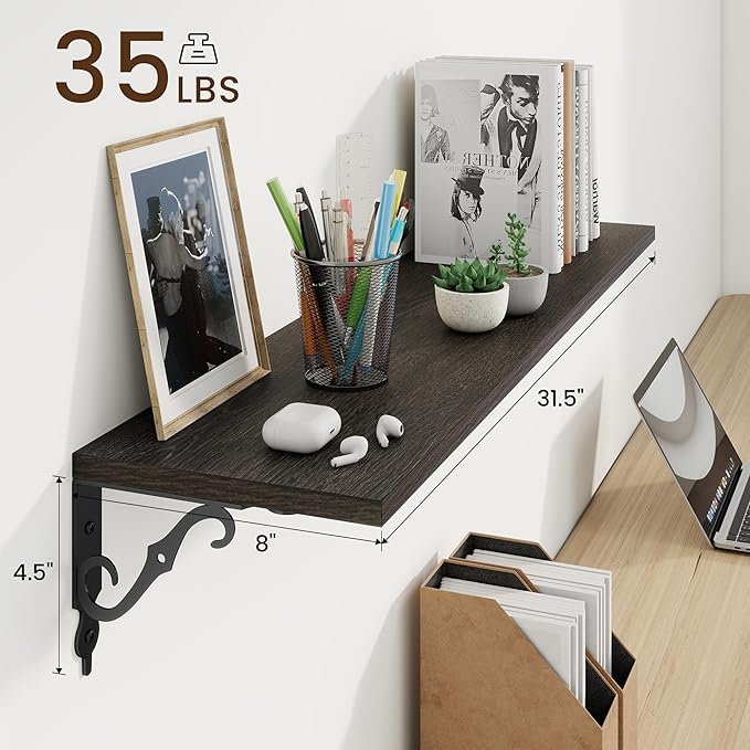 RICHFOCUS Floating Shelves for Wall Decor, 31.5W x 8D Shelves Set of 2, 8" Deep Rustic Wood Floating Shelves Wall Mounted with Metal Brackets, Shelves for Living Room Bedroom Kitchen, Black