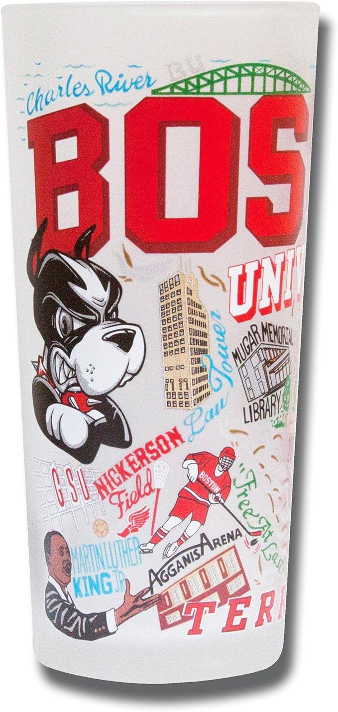 Catstudio Drinking Glass, Boston University Glass Cup for Kitchen, 15oz Dishwasher Safe Tumbler for BU Alumni