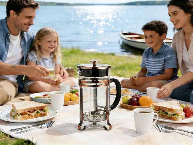 Coffee Maker 304 Stainless Steel French Press with 4 Filter, Heat Resistant Durable, Borosilicate Glass Coffee Press, 100% BPA Teapot, 34 ounce, copper