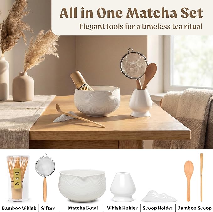 Matcha Kit Whisk Set (7 Pcs) - Complete Matcha Set, Matcha Bowl with with Bowl, Whisk and Holder, Bamboo Spoon/Scoop, Scoop Rester and Sifter incl. Booklet