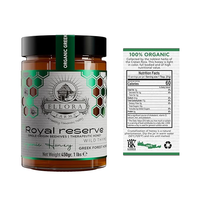 Ellora Farms Organic Greek Honey, Wild Thyme, Raw Unfiltered, Preservative and Additive Free, 2025 Paris and Dubai Gold Awards Winner, Gift Pack with Dipper - 450g (16oz)
