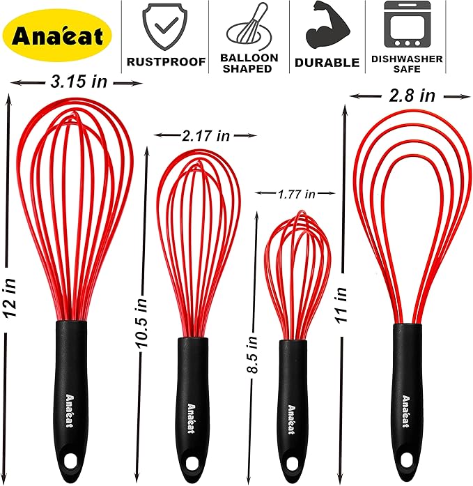 Anaeat Silicone Kitchen Whisk Set of 4, Perfect for Non-Stick Cookware, Milk and Egg Beater Blender for Whisking, Cooking, Baking, Beating - 11'' Flat Whisk and 9''+11''+12'' Balloon Whisks (Red)