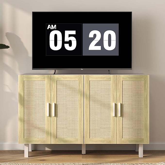 HOMCOM Boho Sideboard Buffet Cabinet, Coffee Bar Cabinet with 4 Rattan Doors and Adjustable Shelves for Kitchen, Living Room, White and Natural