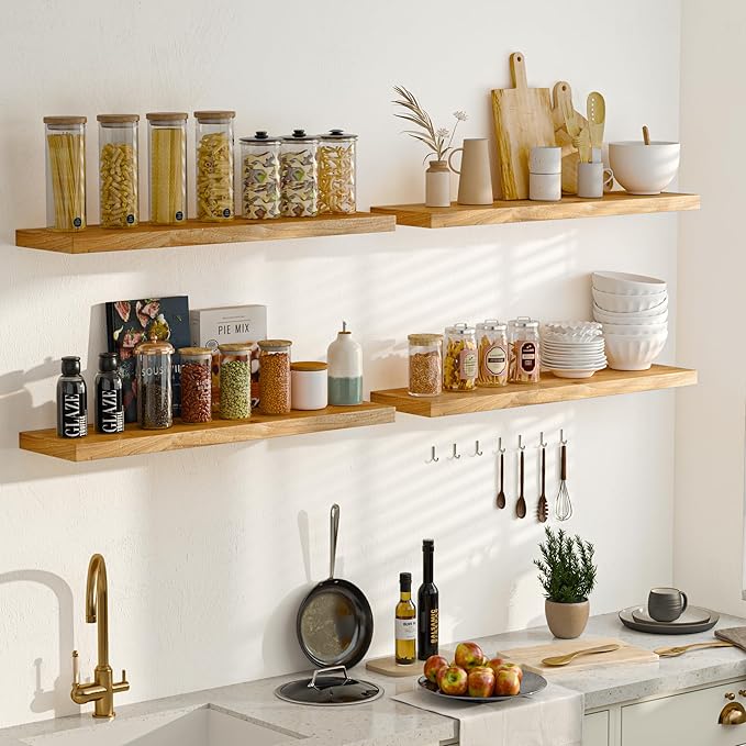 Fun Memories 42" Floating Shelves for Wall, Rustic Solid Elm Wood Floating Shelves - Invisible Bracket Mount, Extra Long Wall Mounted Shelf for Living Room, Bathroom, Bedroom, Kitchen, Natural