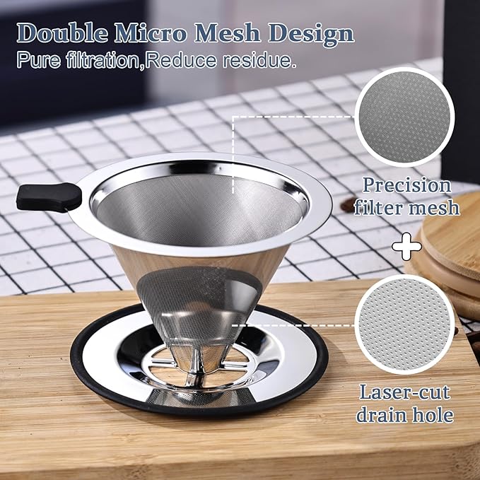 Pour Over Coffee Filter Dripper, Stainless Steel Metal Cone Drip Coffee Filter, Paperless and Permanently Reusable, Double Mesh Coffee,Tea Filter for 2-4 Cups