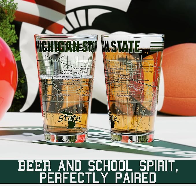 Greenline Goods – Michigan State University Spartans College Pint Beer Glasses (Set of 2), 16 oz – Full-Color Logo + Campus Map