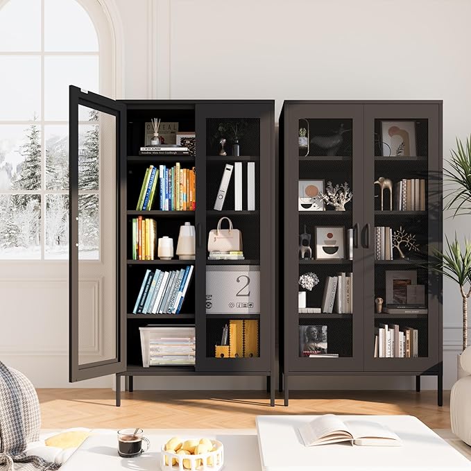 Metal Storage Cabinet,72H Display Cabinets with Adjustable Shelves and 2 Mesh Door,Pantry Organizers and Storage, Black Storage Cabinet for Home,Office,Garage,Bathroom