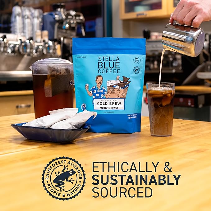 Stella Blue Cold Brew Coffee Bags, Big Cat Blend, Medium Roast Ground Coffee, Smooth, Bold and Refreshing 100% Arabica, 6 Brew Packets, Makes 24 Cups, Rainforest Alliance Certified