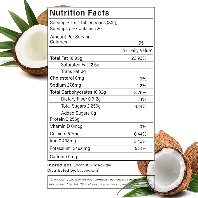 Lavendium, 10oz Coconut Milk Powder, 100% Natural, Unsweetened, Perfect for Cake, Coffee, Tea, Creamer Alternative, No Additives, No Gluten, Vegetarian.
