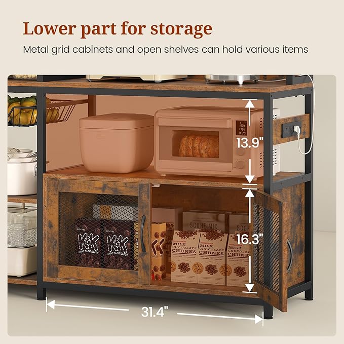 47.2 in Bakers Rack with Power Outlet & LED Light, Coffee Bar with Coffee Pod Holder for Vetuo, Kitchen Microwave Stand with Storage Shelves, Paper Holder, Cabinet, Wire Basket, 8 Hooks (Rustic Brown)