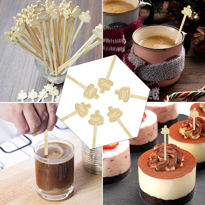 Bamboo Coffee Stirrers 60-Pack Coffee Stir Sticks Disposable 7Inch Beverage Mixer Coffee Shape Ends Eco-Friendly Biodegradable Cafés Stirring Sticks for Coffee Cocktails Milk & Hot Drinks