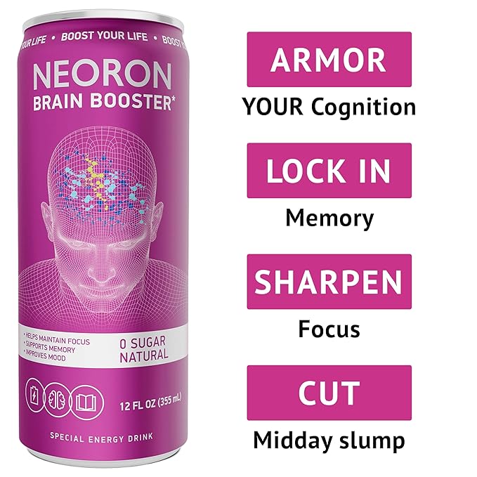 NEORON - Brain Defender, Focus & Memory Support, Sugar‐Free Nootropic Drink, Vegan (Pack of 12, Passion Fruit & Lime)