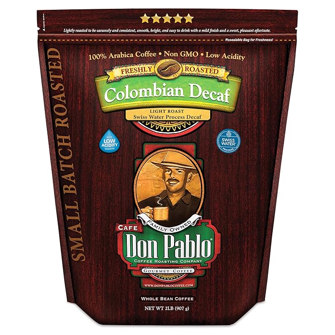 Don Pablo Colombian Decaf - Swiss Water Process Decaffeinated - Light Roast Gourmet Coffee - 100% Arabica Whole Bean, Non-GMO, Low Acidity, 907g (2LB) Bag