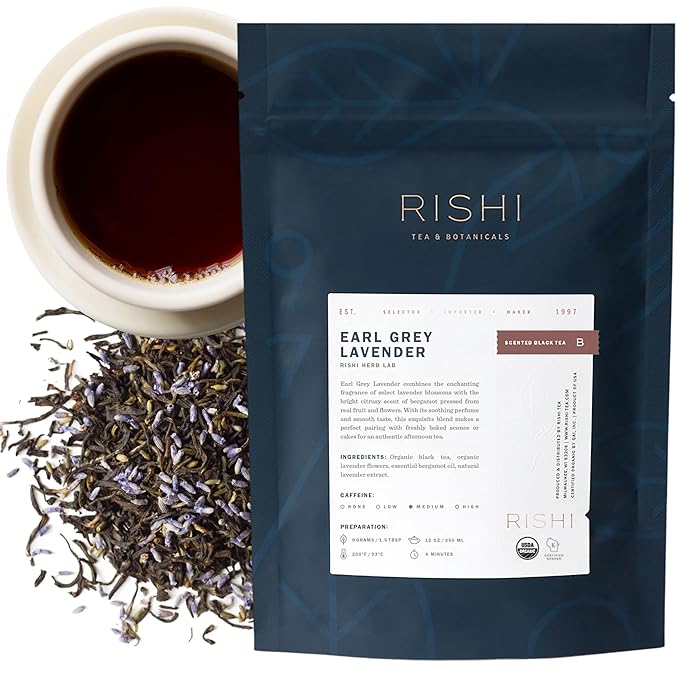 Rishi Tea Earl Grey Lavender Loose Leaf Pure Black Tea - Organic with Bergamot Oil and Lavender Flowers, Energizing & Caffeinated - 4 Ounces, 12+ Servings