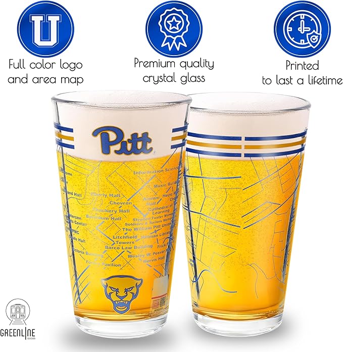 Greenline Goods – University of Pittsburgh Panthers College Pint Beer Glasses (Set of 2), 16 oz – Full-Color Logo + Campus Map