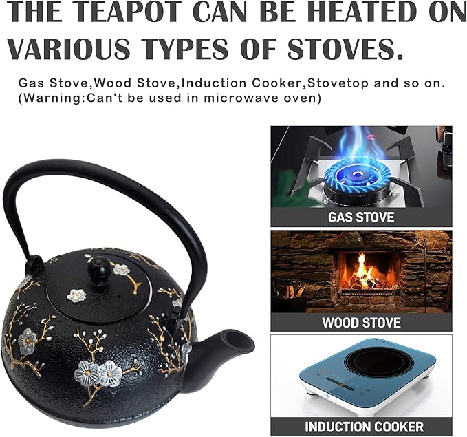 Cast Iron Tea Set with Cast Iron Warmer, Japanese Tetsubin 60.9oz Large Teapot Set with Infuser for Loose Tea, Heavy Tea Kettle for Stovetop Safe, Asian Elegant Durable Teaset Gift