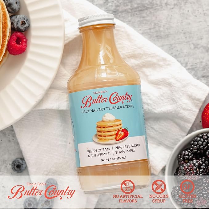 Uncle Bob's Butter Country Original Buttermilk Syrup for Pancakes and Waffles, Gluten Free, Made without Artificial Flavors, 16 fl oz Bottle/4 Pack
