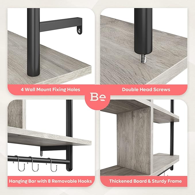 Bestier 41" Floating Kitchen Shelves Wall Mounted 3 Tier Coffee Bar Mug Shelf Hanging with 8 Hooks Display Plant Pipe Shelving for Living Room Kitchen Bathroom Balcony, Retro Grey