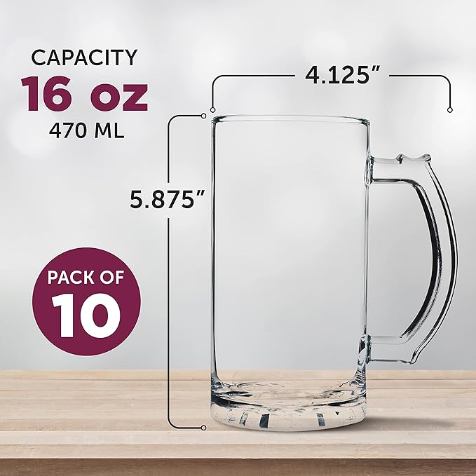 DISCOUNT PROMOS Glass Beer Mug 16 oz. Set of 10, Bulk Pack - Great for Wedding Favors, Groomsmen Gifts, Birthday Gifts - Clear Bottom Color