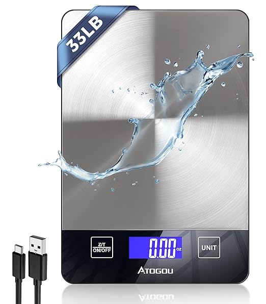 Atogou Food Scale, 33lb Rechargeable Kitchen Scale with Full-View Backlit LCD Display, Waterproof Stainless Steel Surface, Type-C Charging, Grams and Ounces for Baking, Cooking, Food Black