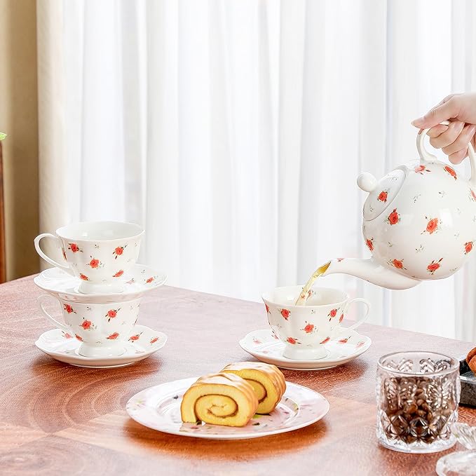 12-Piece Porcelain Tea Cup Set, 6 Cups & 6 Saucers with Classic Rose Pattern, Ceramic 6oz Scalloped Cups, Dishwasher & Microwave Safe
