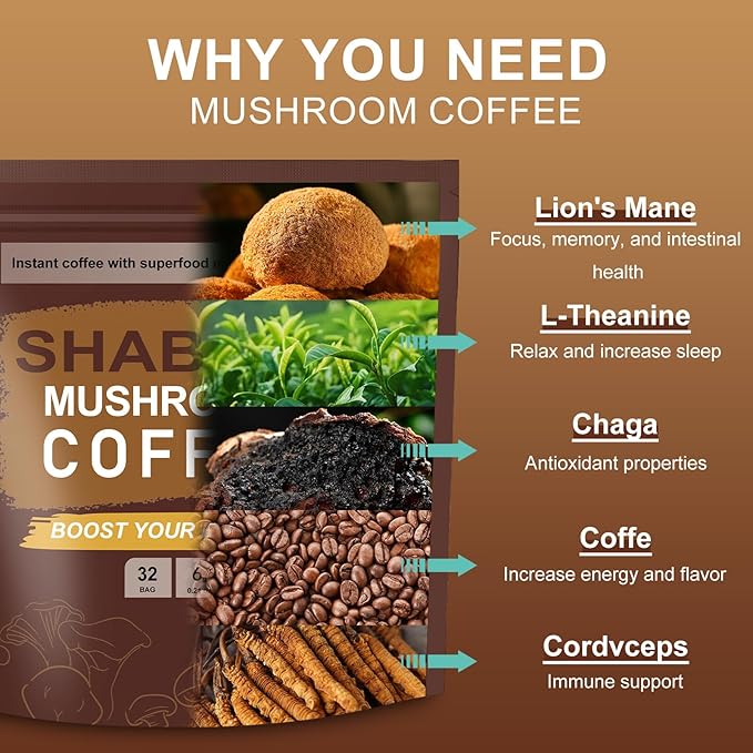 Mushroom Coffee, Instant Blend Mushroom Coffee with Lions Mane Cordyceps Reishi for Energy Focus Mood Support and Immune Boost(32 Servings)