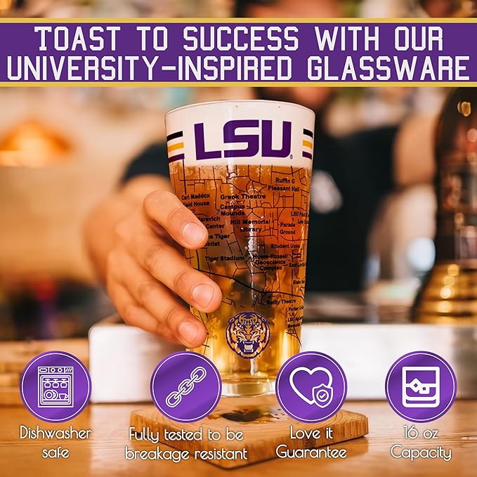 Greenline Goods – University of LSU Tigers College Pint Beer Glasses (Set of 2), 16 oz – Full-Color Logo + Campus Map