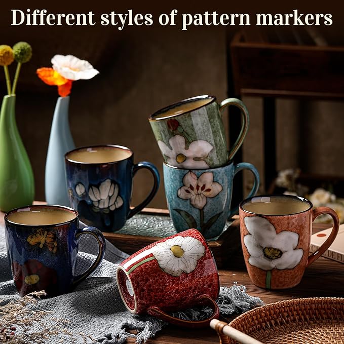 Maxdot 6 Pcs 12oz Ceramic Coffee Mugs Sets Glazing Process Cappuccino Mug Floral Ceramic Tea Cups Christmas Housewarming Idea Gift for Women Porcelain Cup for Coffee, Cocoa, Tea, Latte (Retro)
