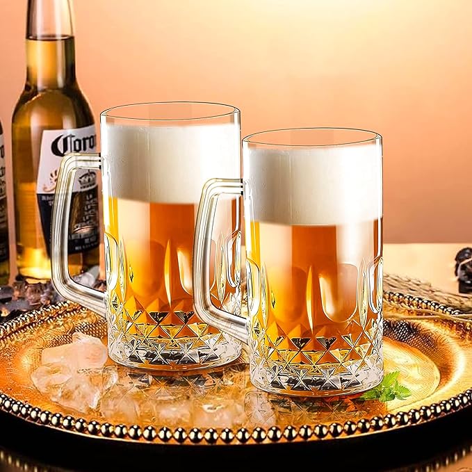 32 Ounces Beer Stein Mugs - 2 Pack Extra Large German Style Clear Tall Beer Glasses for Men - Heavy Duty Thick Glass With Handle