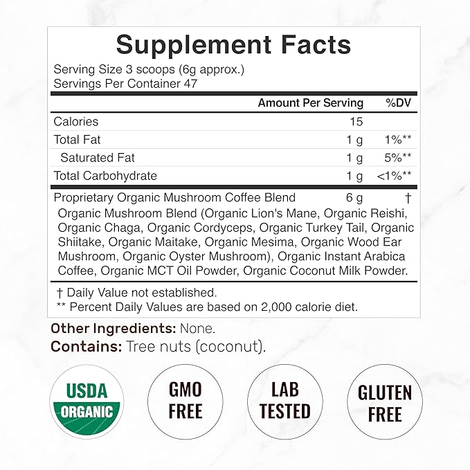 Organic Mushroom Coffee, 10oz – 10 Adaptogenic Mushrooms with Arabica Coffee + MCT Oil for Smooth Flavor – Turkey Tail, Lions Mane, Cordyceps, Chaga, Reishi – Immune, Energy,& Brain Support Supplement