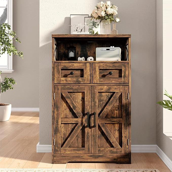 Farmhouse Storage Cabinet with Drawers and Shelves, Kitchen Pantry Storage Cabinet, Floor Hutch Cupboard for Dining Living Room Home Office, Rustic Brown