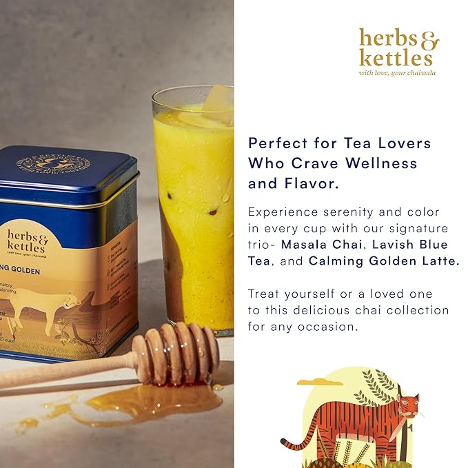 Herbs & Kettles Tea Gift Combo Set - Masala Chai, Calming Golden Latte & Lavish Blue Tea - Premium Loose Leaf Tea Collection - Relaxing, Energizing, and Refreshing Tea Variety Pack (3 Pack)