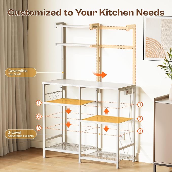 Huuger 31.5 Inch Bakers Rack with Power Outlets, Kitchen Microwave Stand with Storage, Coffee Bar with 4 Hooks, 3-Level Height Open Shelves, White