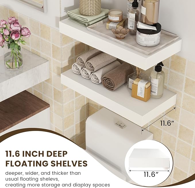 Deep Floating Shelves | 24 Inch White Floating Shelves Set of 2 | 12 Inch Deep Rustic Wood Shelves for Wall | 24" W x 12" D White Shelves for Living Room Bathroom Laundry Room Kitchen