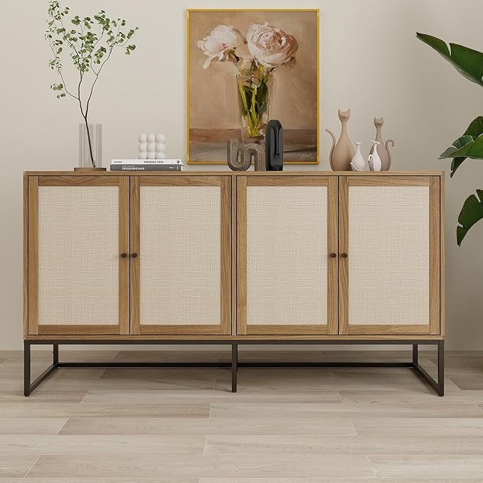 Modern Sideboard, Accent Storage Cabinet with Rattan Doors and Adjustable Shelves, Freestanding Sideboard Storage Cabinet for Kitchen Dining Living Room Hallway Office (Walnut)