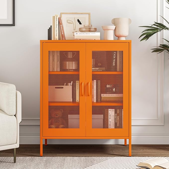 Metal Locker Storage Cabinet with 2 Mesh Doors and Adjustable Shelves,Orange Metal Locker Cabinets,Coffee Bar Cabinet,Kitchen Pantry Storage Cabinets for Home,Sideboard,Office(40" H)